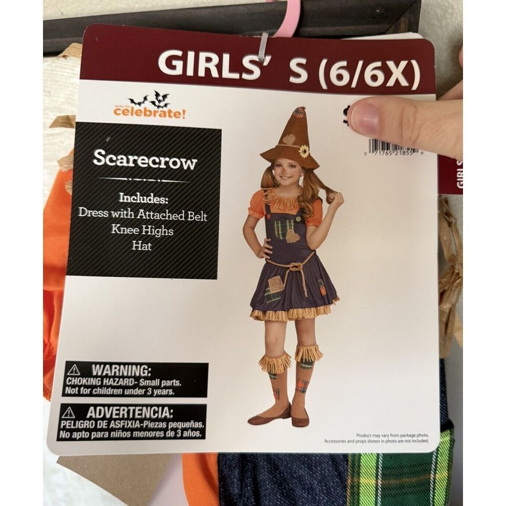 Scarecrow Costume Girls Small (6/6X) Dress w/ Belt Knee Highs Hat NEW!